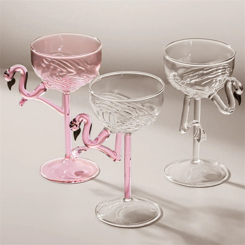 Elegant Flamingo Wine Glasses - Handcrafted Pink and Clear Glass Stemware for Cocktails and Champagne