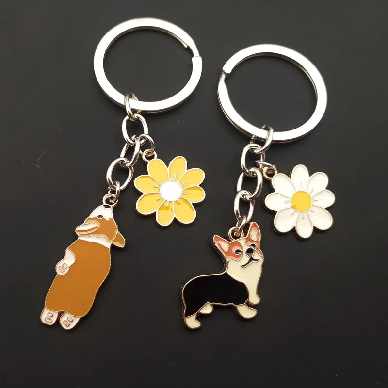 Corgi & Daisy Keychain Set - Zinc Alloy with Antique Silver Plating