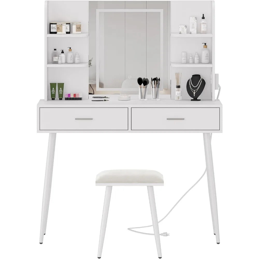 Makeup Table With Stool and Mirror - White