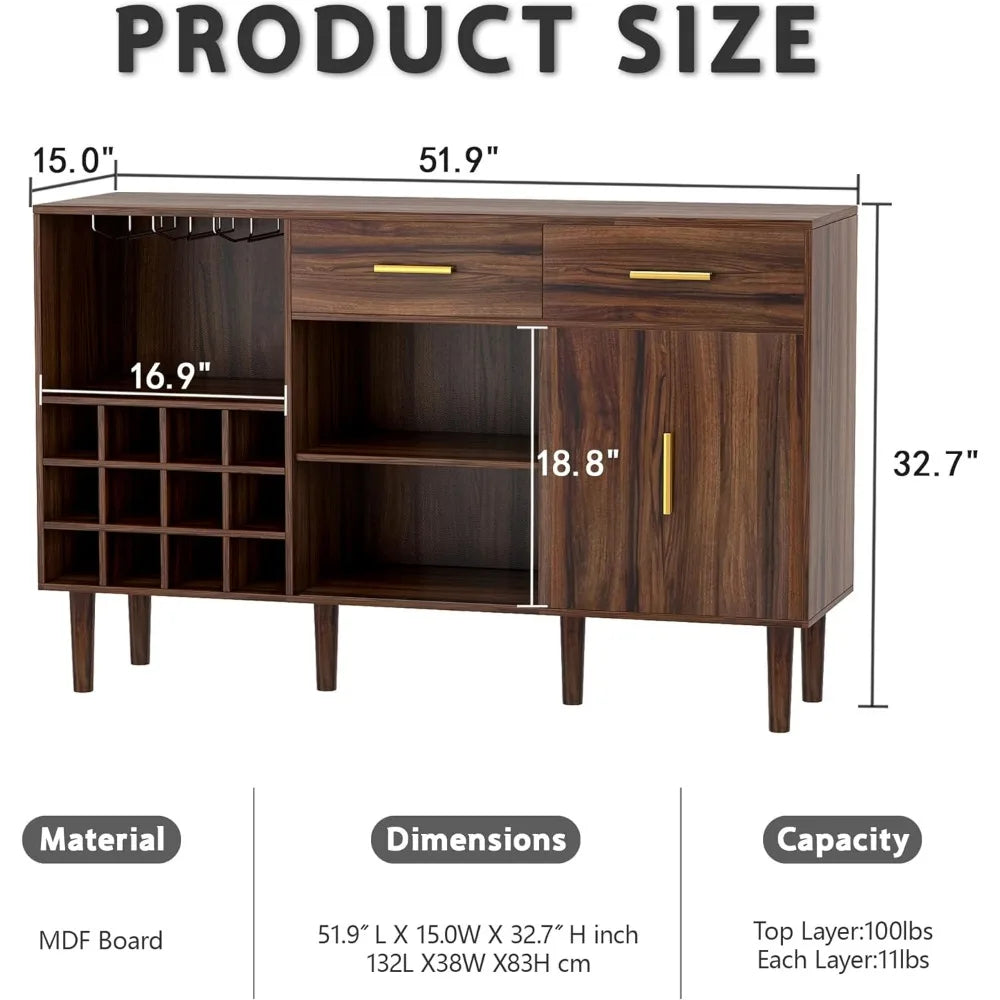 Mid-Century Modern Bar Cabinet with Wine Storage, Glass Holders, and Ample Shelving - Walnut Finish