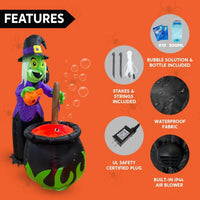 6 ft Inflatable Witch with Rotating Head & Bubble Blowing Cauldron – Halloween Yard Decoration with LED Lights