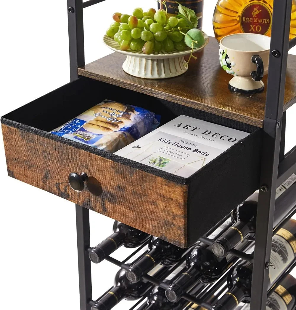 Industrial Wine Rack with Glass Holder and Storage Drawer - Tall Bar Cabinet for Home and Kitchen