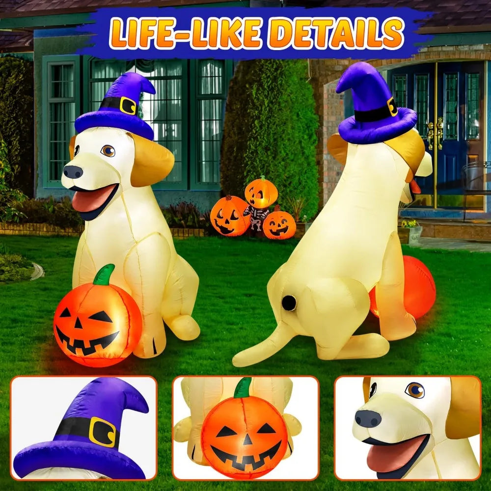 Giant Halloween Inflatable Lab Dog with Witch Hat and Pumpkin – Spooky Lighted Yard Decoration