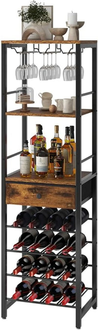 Industrial Wine Rack with Glass Holder and Storage Drawer - Tall Bar Cabinet for Home and Kitchen