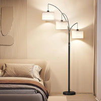 Modern 3-Arm Arc Floor Lamp with Linen Drum Shades - Adjustable Dimmable Lighting