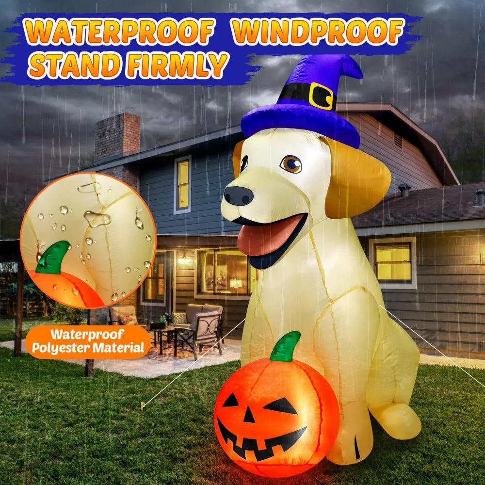 Giant Halloween Inflatable Lab Dog with Witch Hat and Pumpkin – Spooky Lighted Yard Decoration