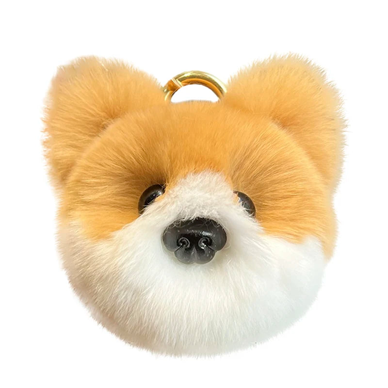 Rabbit Fur Corgi Plush Keychain - Handmade Cartoon Dog Pendant