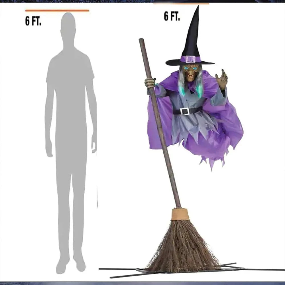 6ft Animated Flying Witch with Broomstick – Spooky Halloween Outdoor Decoration