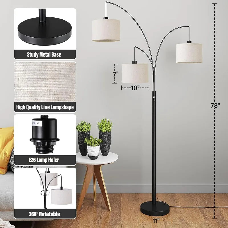 Modern 3-Arm Arc Floor Lamp with Linen Drum Shades - Adjustable Dimmable Lighting