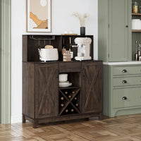 Rustic Modern Bar Cabinet with Wine Storage, Glass Holder, and Shelving - Farmhouse Buffet for Kitchen and Dining Room