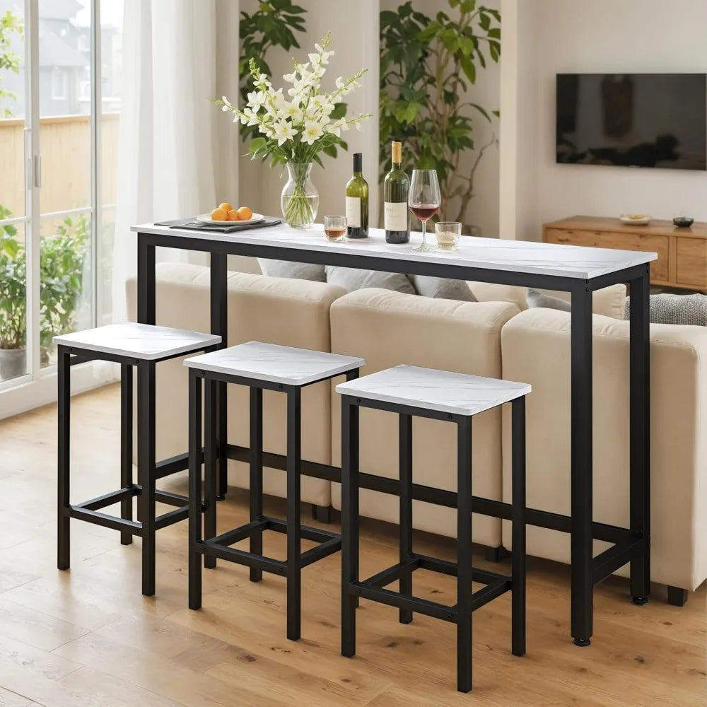 Contemporary 3-Piece Bar Table Set with Faux Marble Top and Long Counter Height Stools