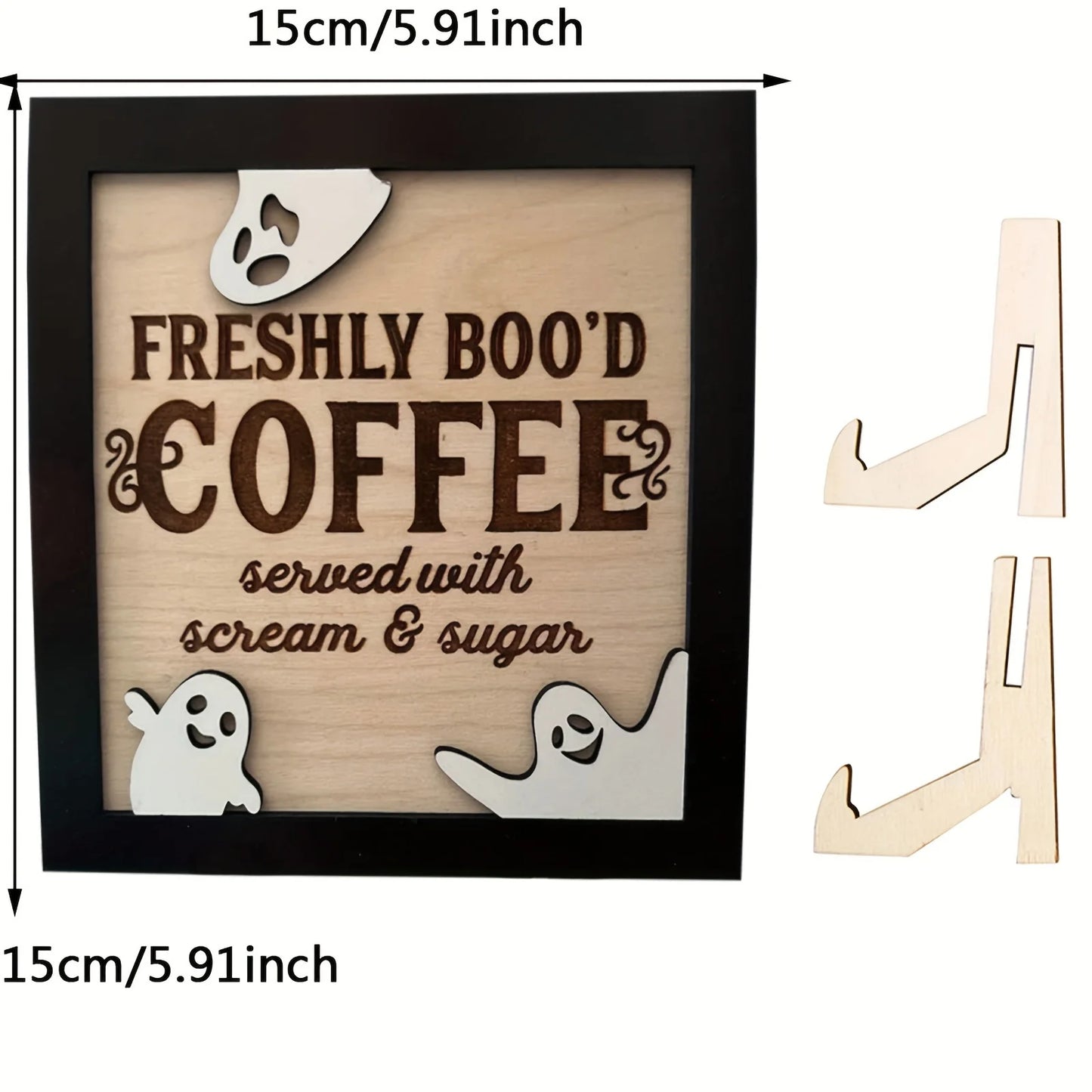 3D Wooden Halloween Coffee Sign – ‘Freshly Boo’d Coffee’ with Ghost Accents