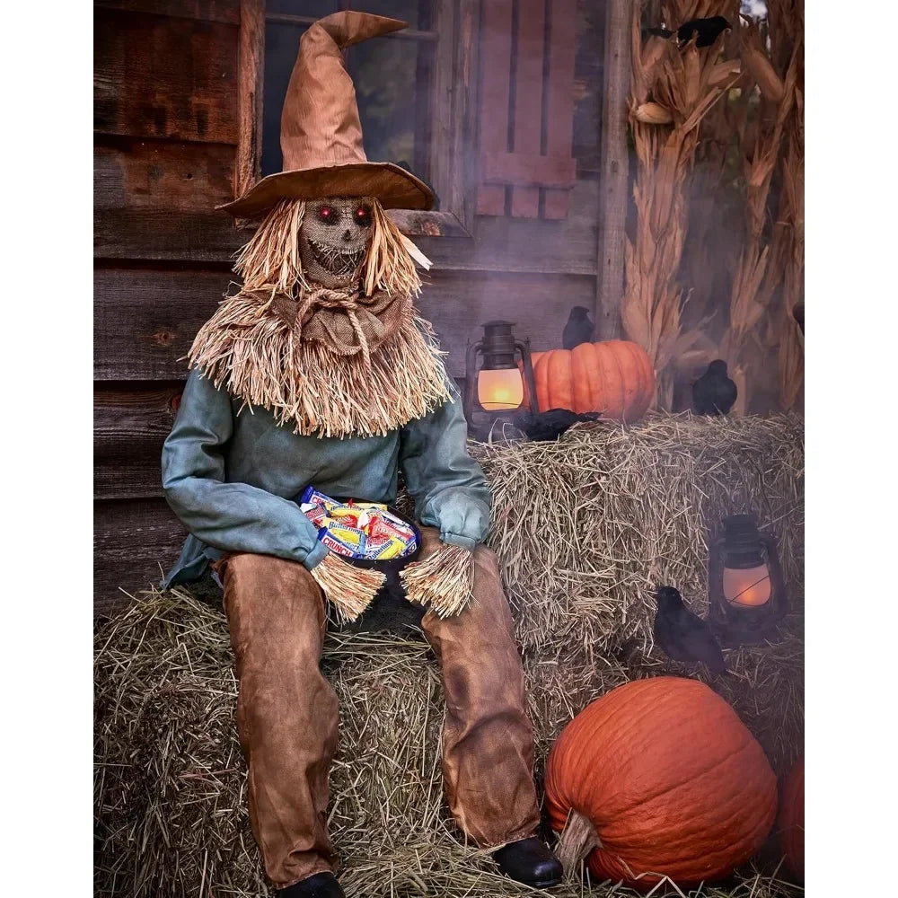 4.5ft Sitting Scarecrow Halloween Prop – Spooky Candy Holder for Yard or Indoor Decor