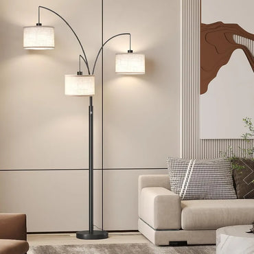 Modern 3-Arm Arc Floor Lamp with Linen Drum Shades - Adjustable Dimmable Lighting