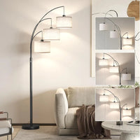 Modern 3-Arm Arc Floor Lamp with Linen Drum Shades - Adjustable Dimmable Lighting