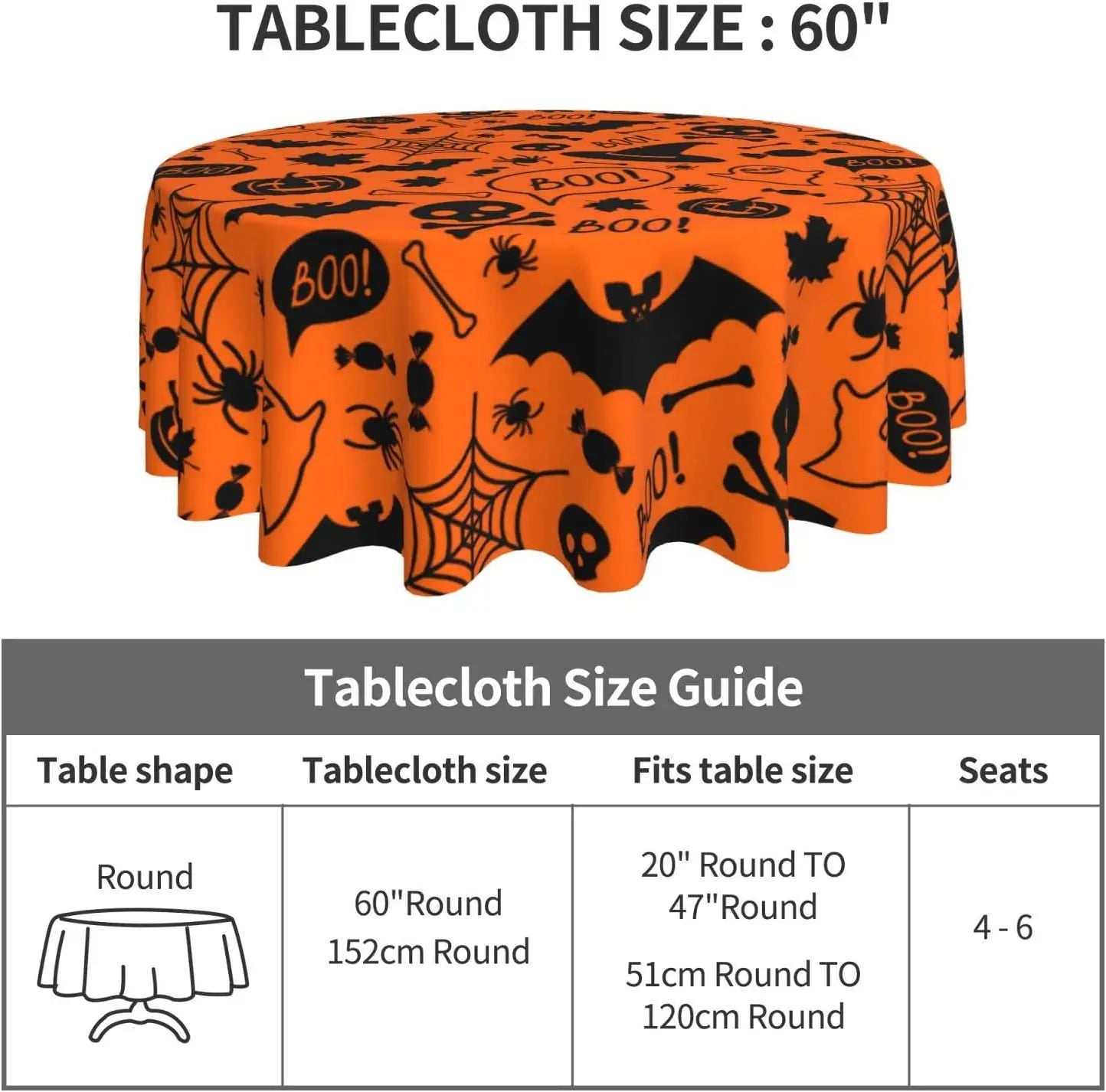 Halloween Round Tablecloth with ‘Boo!’ and Spooky Icons Design – Orange and Black Festive Decor