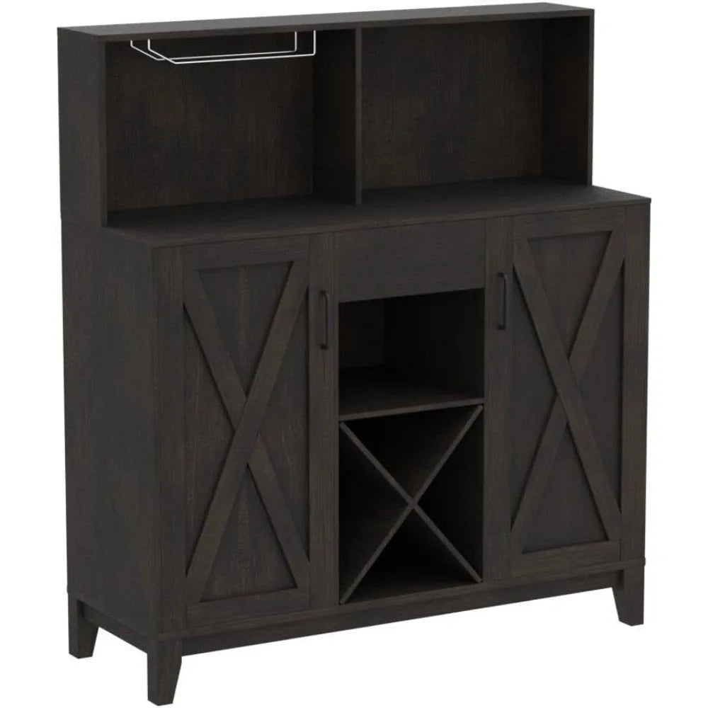 Rustic Modern Bar Cabinet with Wine Storage, Glass Holder, and Shelving - Farmhouse Buffet for Kitchen and Dining Room