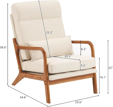 Mid-Century Modern Upholstered Lounge Chair with Wooden Frame - Beige Accent Seating