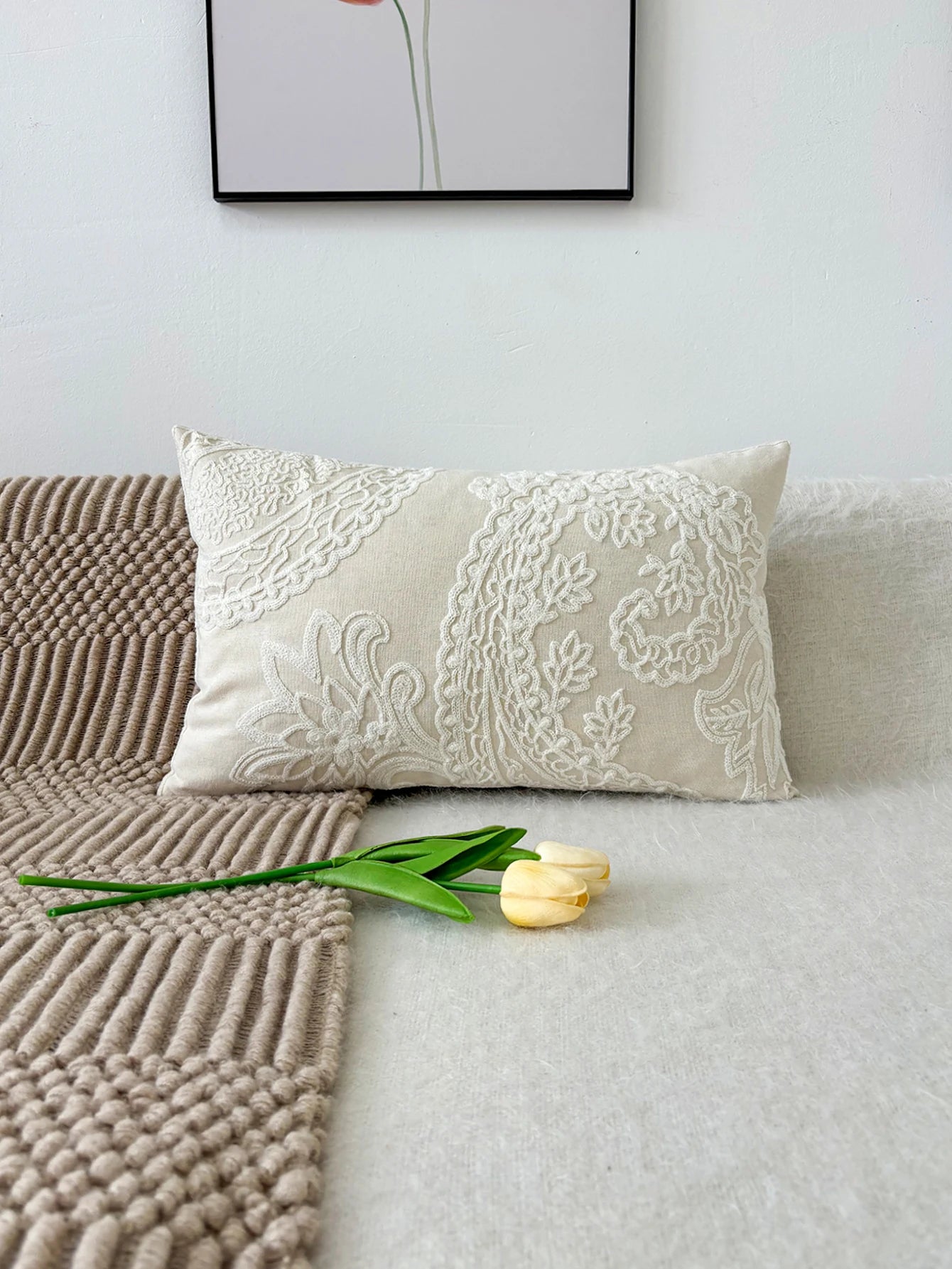 Elegant Embroidered Throw Pillow - Luxurious Floral Design in Cream