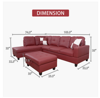 Red Faux Leather Sofa with Ottoman