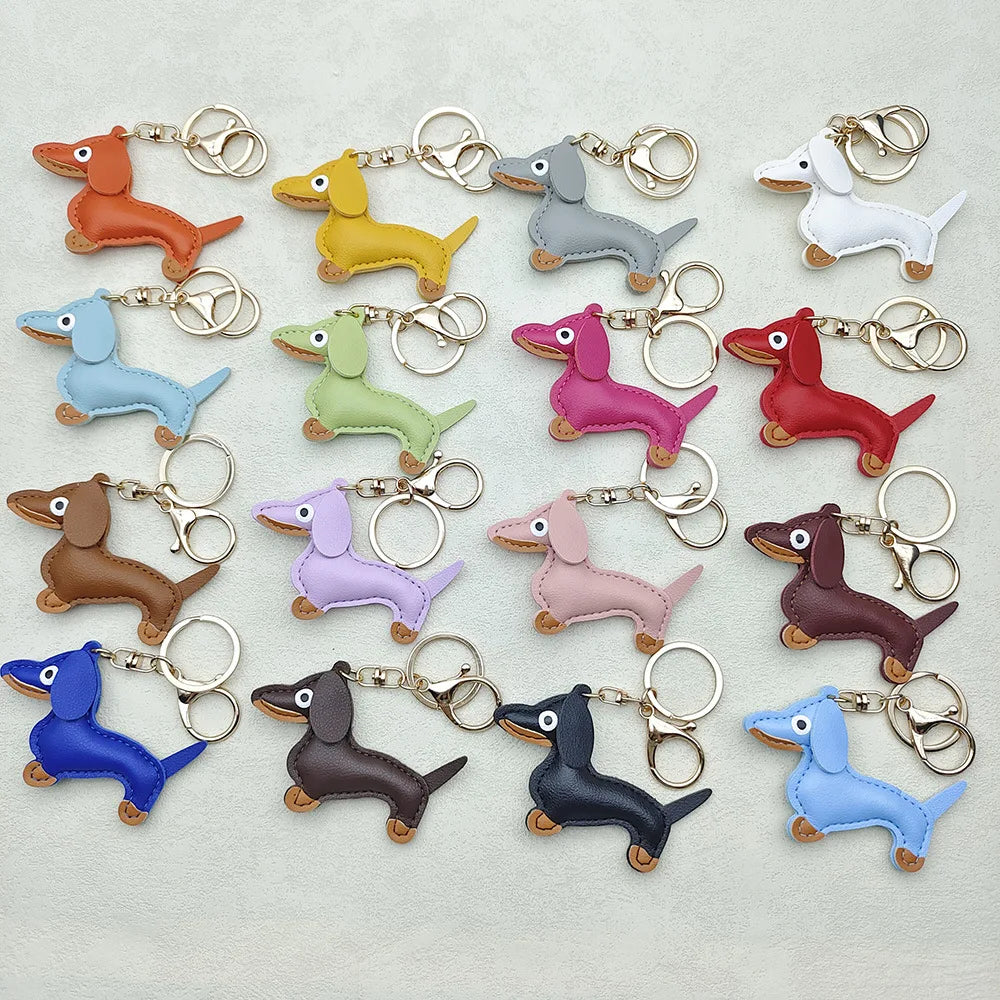 Dachshund Keychain - 16 Colors PU Leather Dog Charm with Stainless Steel Ring