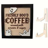 3D Wooden Halloween Coffee Sign – ‘Freshly Boo’d Coffee’ with Ghost Accents