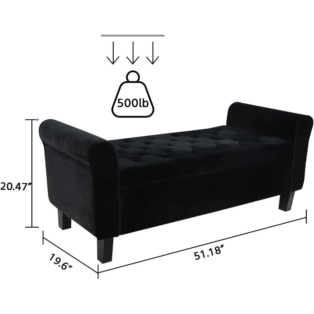 Tufted Velvet Storage Bench with Rolled Arms - Available in Black and Grey