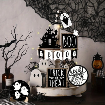 9-Piece Halloween Tiered Tray Decor Set – Wooden Ghost, Bat & Boo Signs for Spooky Displays