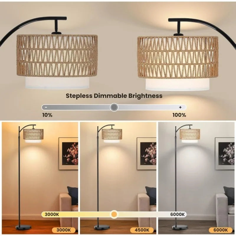 Modern Boho Arc Floor Lamp with Remote Control - Rattan Shade & Dimmable LED Lighting