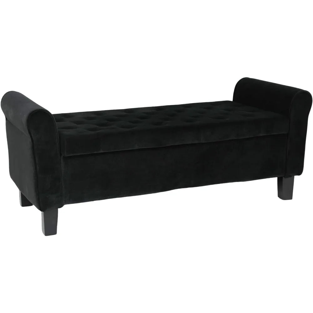 Tufted Velvet Storage Bench with Rolled Arms - Available in Black and Grey