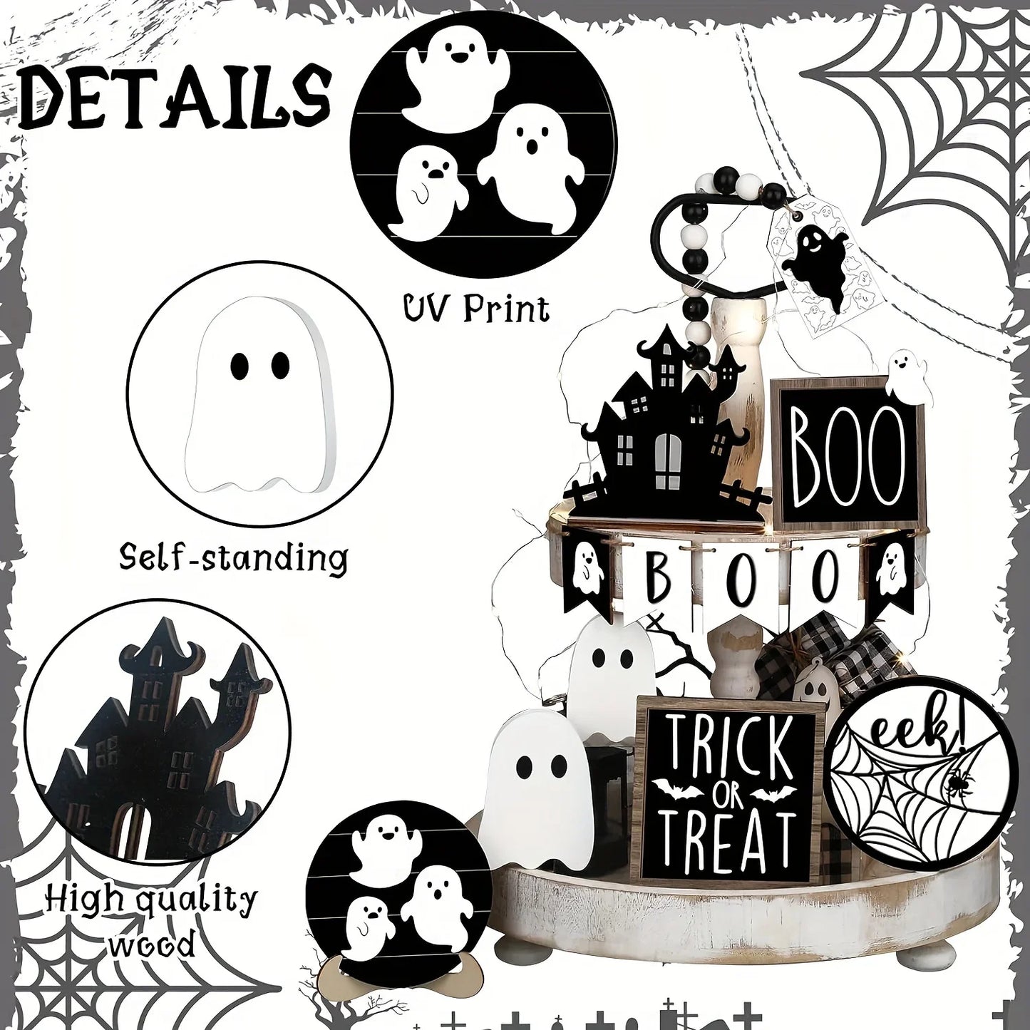 9-Piece Halloween Tiered Tray Decor Set – Wooden Ghost, Bat & Boo Signs for Spooky Displays