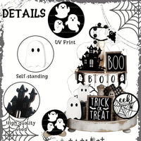 9-Piece Halloween Tiered Tray Decor Set – Wooden Ghost, Bat & Boo Signs for Spooky Displays