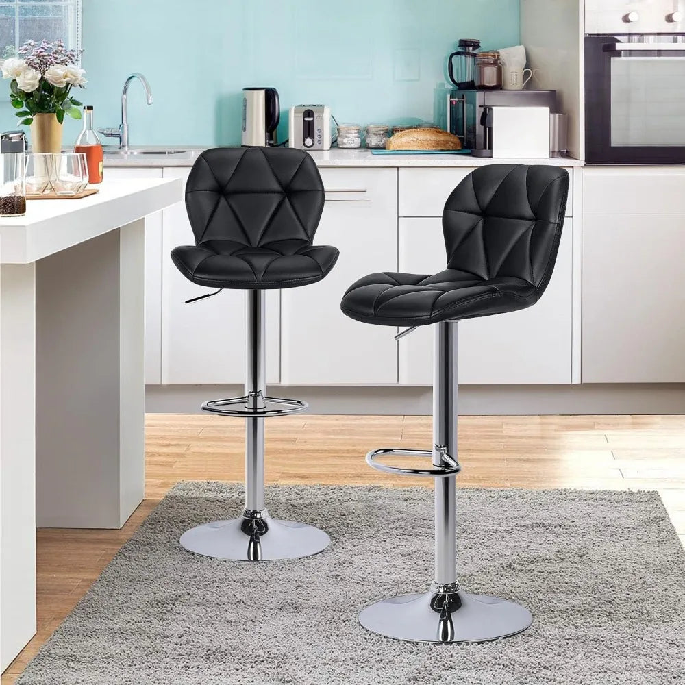 Set of 2 Adjustable Swivel Bar Stools with Padded Seats and Chrome Base – Modern Black Faux Leather Counter Height Chairs