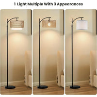 Modern Boho Arc Floor Lamp with Remote Control - Rattan Shade & Dimmable LED Lighting