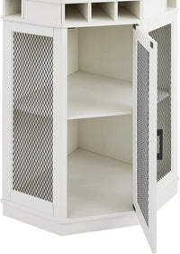 Corner Bar Cabinet with Glass Rack, Wine Storage, and Mesh Door – Ivory White Finish