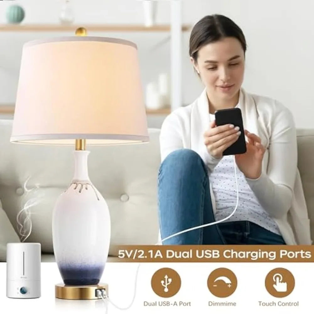 Set of 2 Ceramic Touch Control Table Lamps with USB Charging Ports - Elegant Gradient Finish