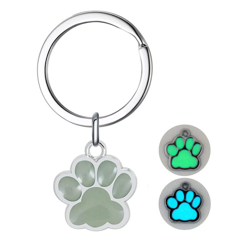 Glow-in-the-Dark Paw Print Keychain - Silver-Plated Zinc Alloy