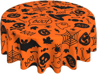 Halloween Round Tablecloth with ‘Boo!’ and Spooky Icons Design – Orange and Black Festive Decor