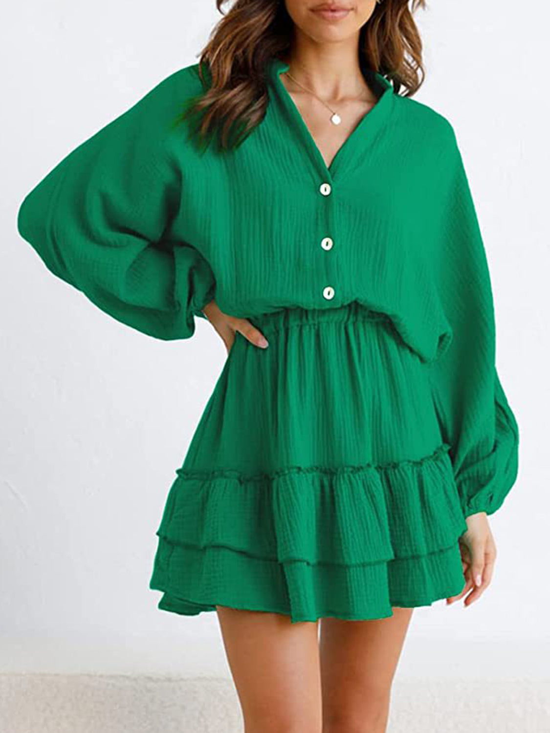 Women’s Buttoned Ruffled Mini Dress – Elegant & Flowy with Long Sleeves