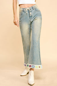 Crochet Trim Flare Jeans – Bohemian Style, Slight Stretch, Pocketed