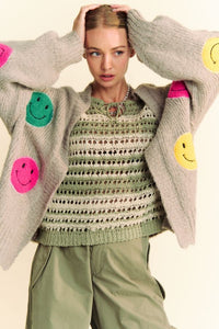 Fuzzy Smile Open Front Cardigan – Cozy & Playful in Gray Oats