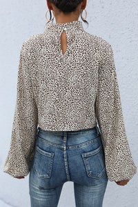 Leopard Print Cropped Top with Mock Neck & Balloon Sleeves