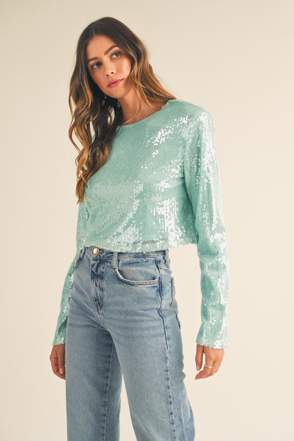 Shoulder-Padded Sequin Crop Top – Bold & Glamorous