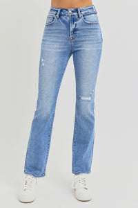 Distressed High-Rise Ankle Straight Jeans – Slight Stretch, Pocketed