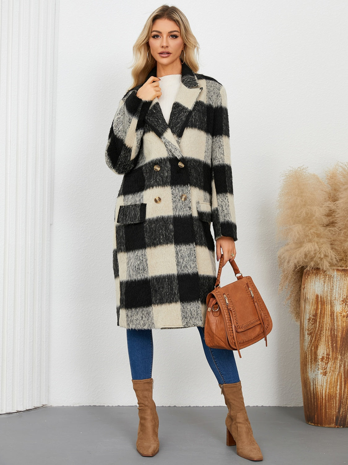 Plaid Double-Breasted Long Coat – Bold & Cozy Outerwear