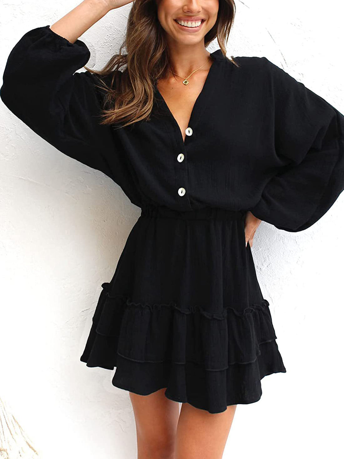 Women’s Buttoned Ruffled Mini Dress – Elegant & Flowy with Long Sleeves