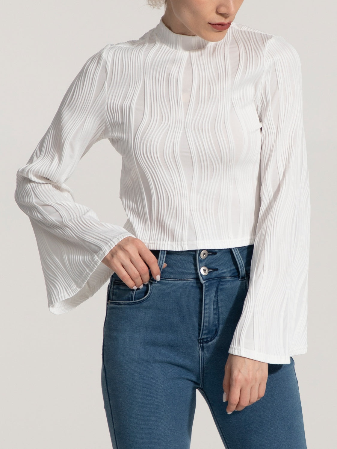 High-Neck Long Sleeve Top with Flared Sleeves – Slightly Stretchy