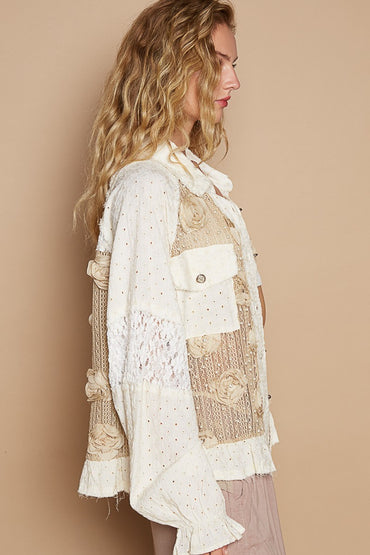 Women’s Eyelet Lace Patchwork Shirt with Pearl and Rhinestone Detail