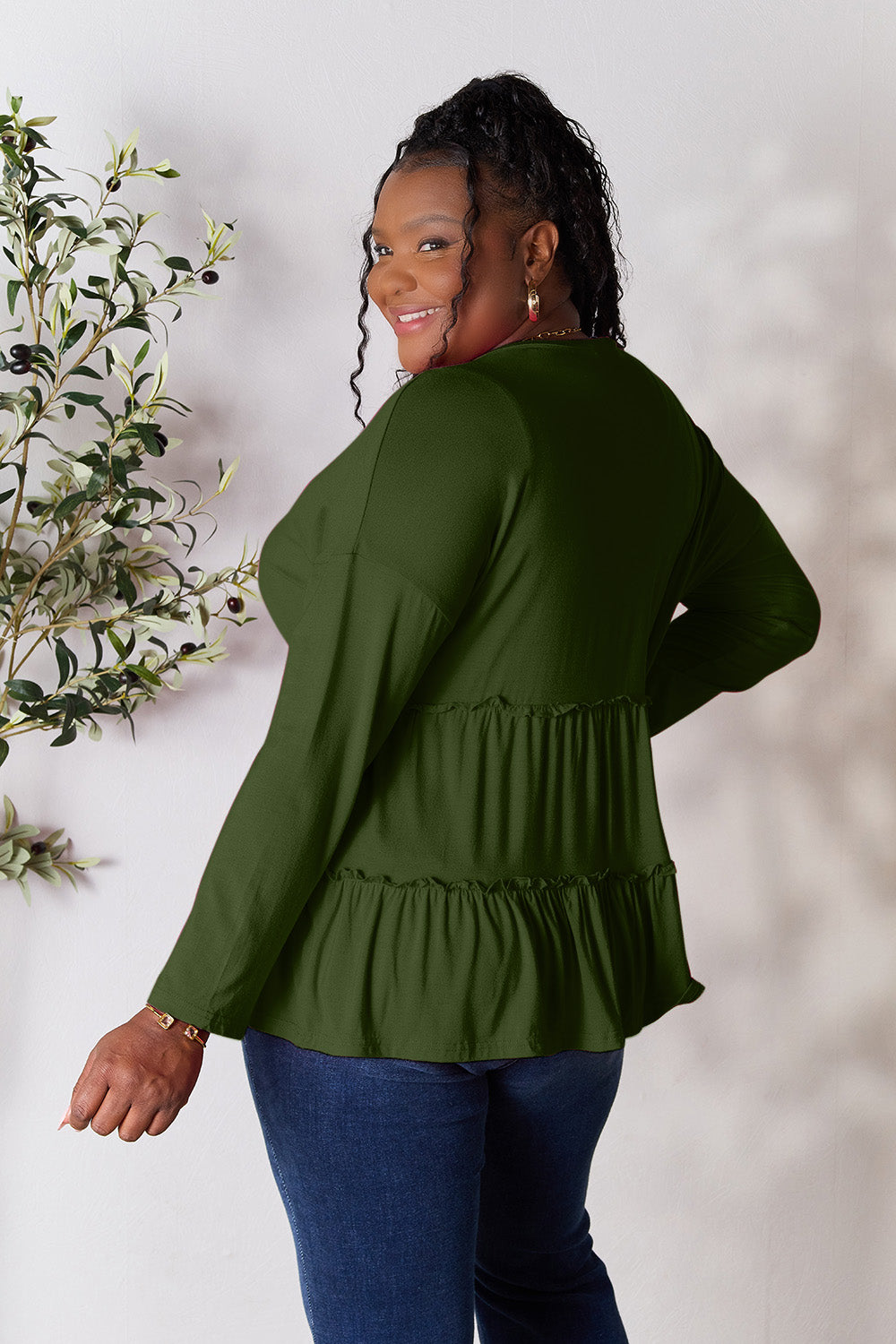 Buttoned V-Neck Ruffle Hem Long Sleeve Top