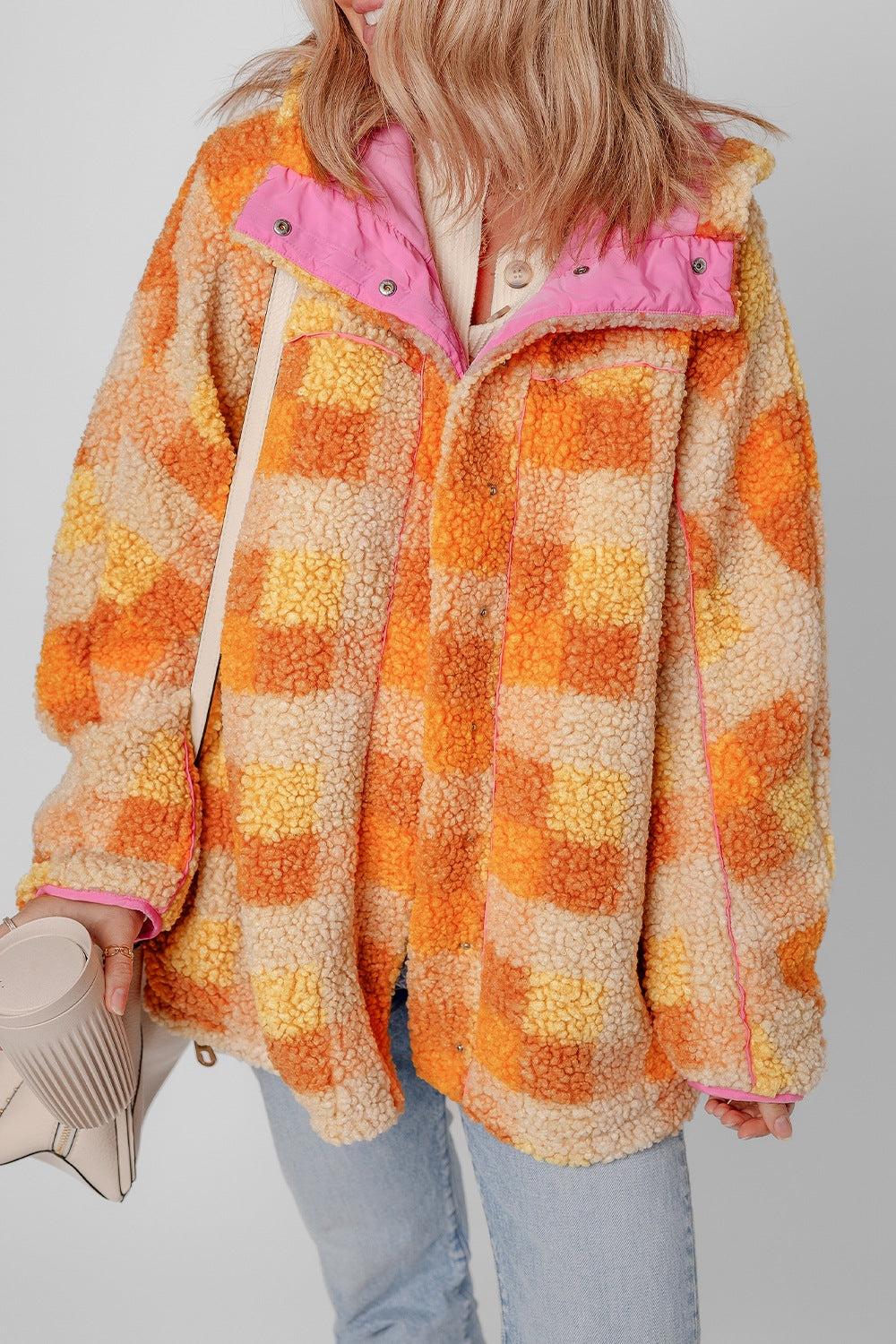 Checkered Long Sleeve Sherpa Hooded Jacket – Cozy & Stylish